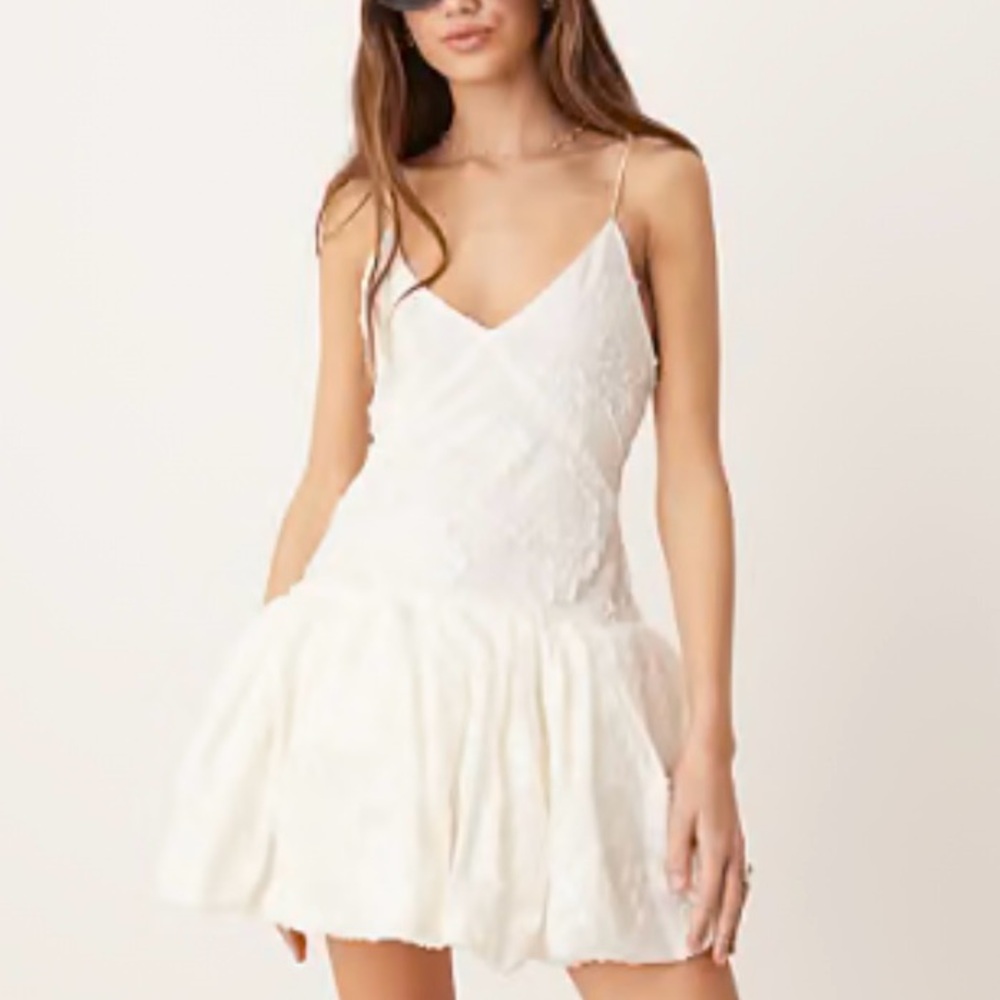Mango White Capsule, embroidered  Lace Puffball Hem Mini Dress - Picture 5 of 8
